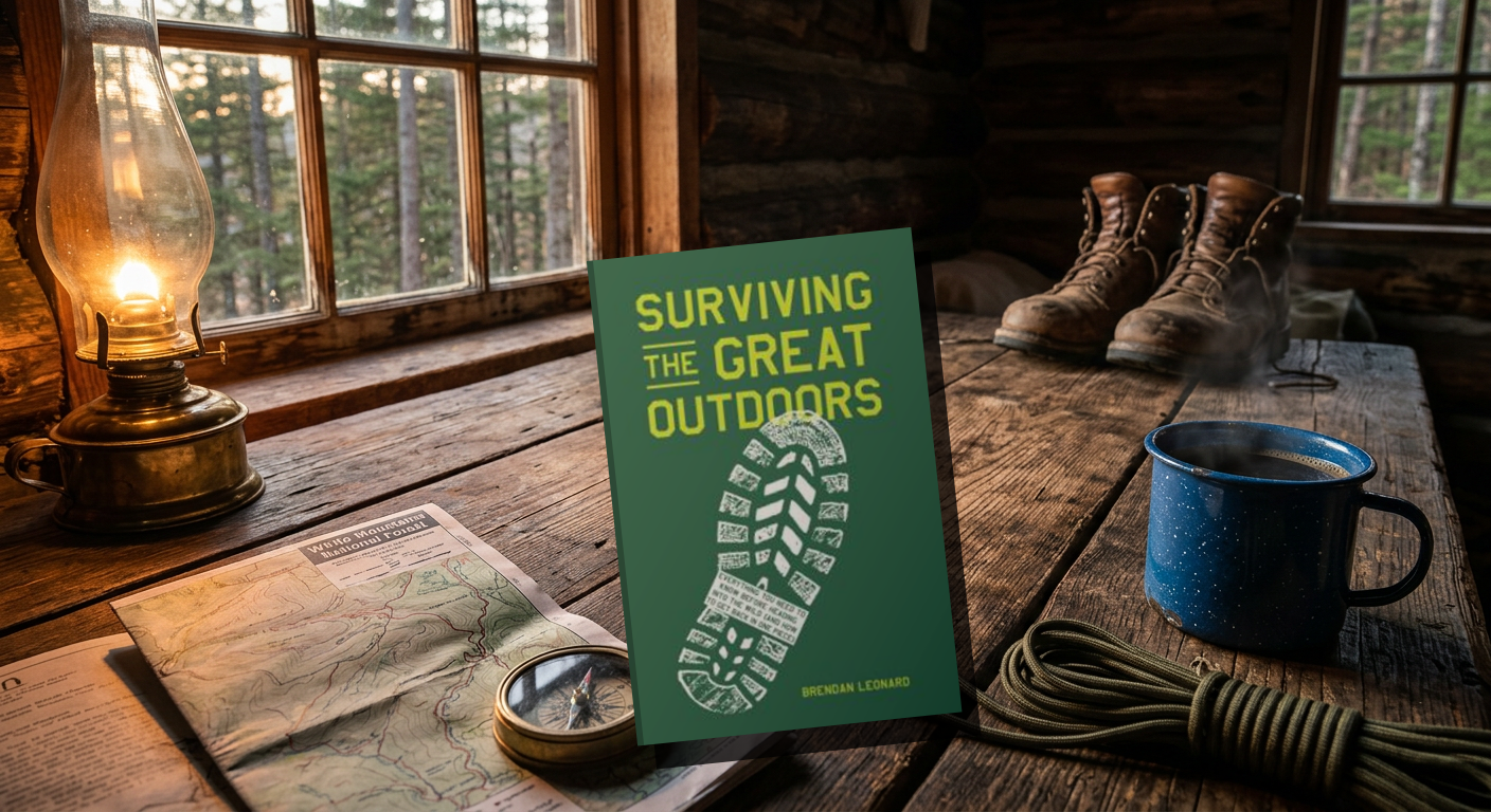 A worn field guide beside a topographic map, a brass compass, paracord, and a tin mug on a wooden table in a log cabin