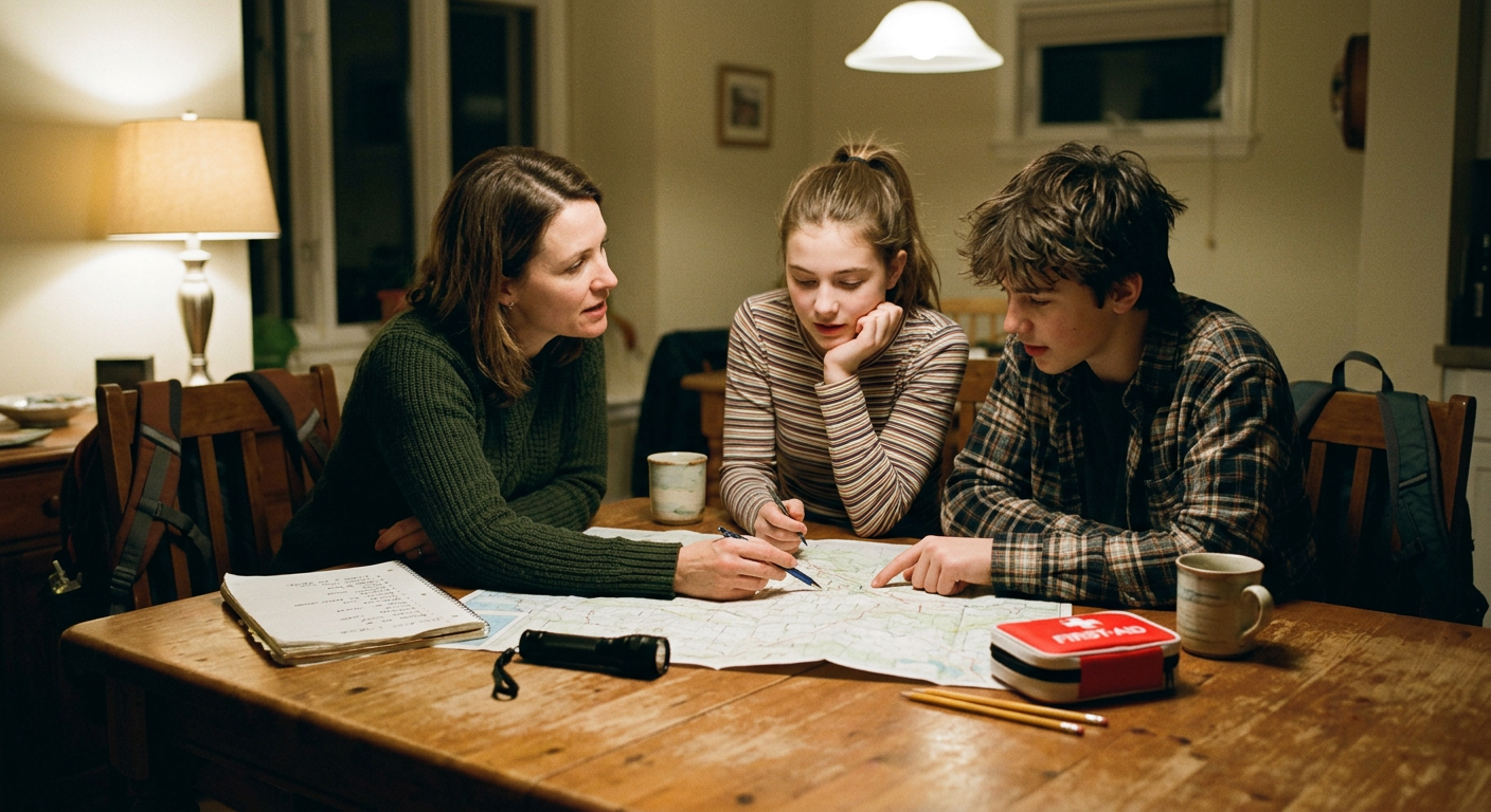 A family gathered around a kitchen table in warm lamplight, planning together over a map and list