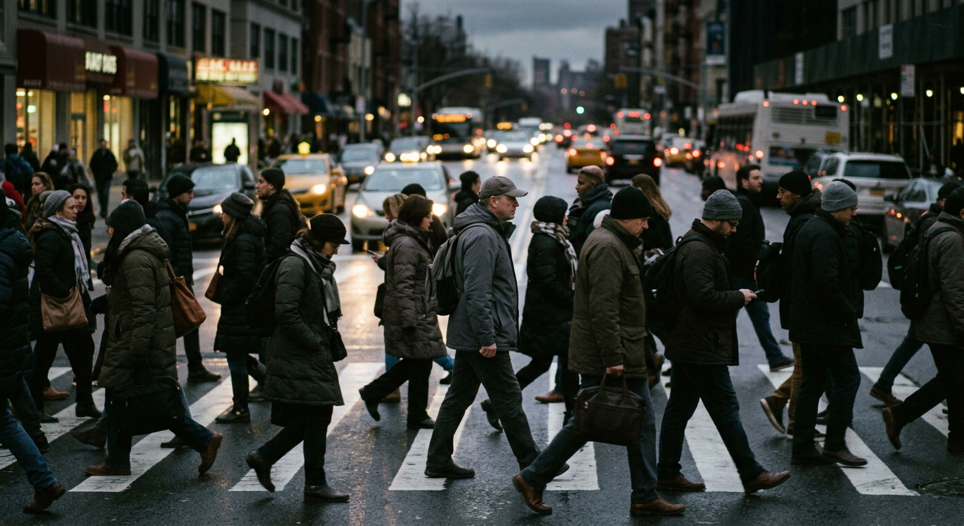 A crowd of commuters crossing a city street at dusk, with one unremarkable person blending in