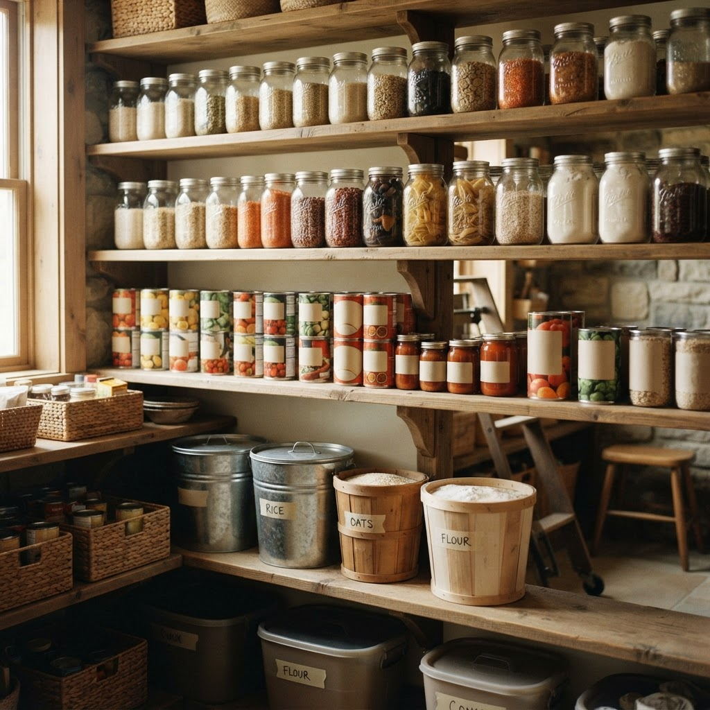 Pantry shelves lined with canned goods and mason jars