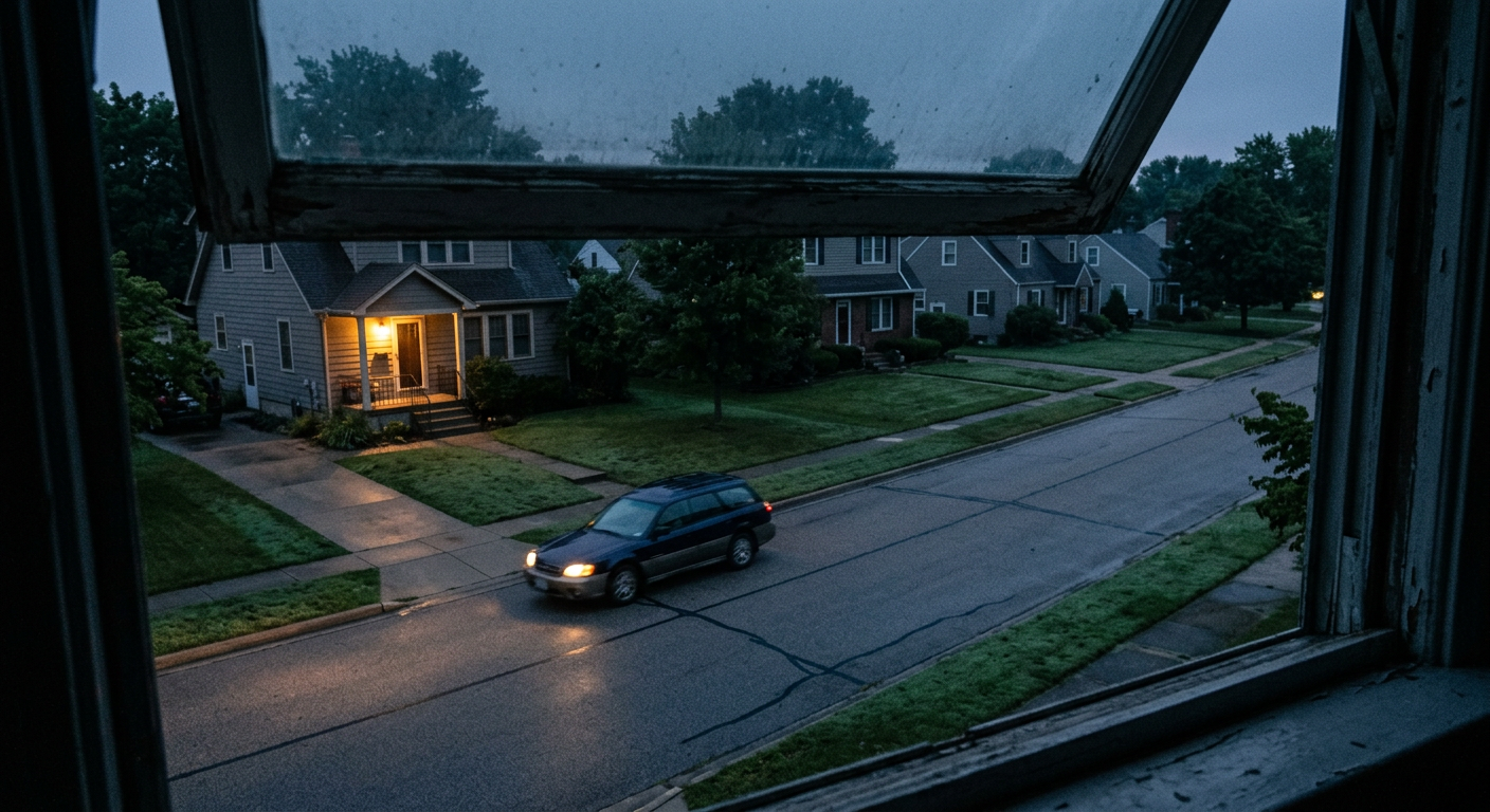 A quiet suburban street at dawn seen from a window, a car leaving a driveway as the porch light still glows