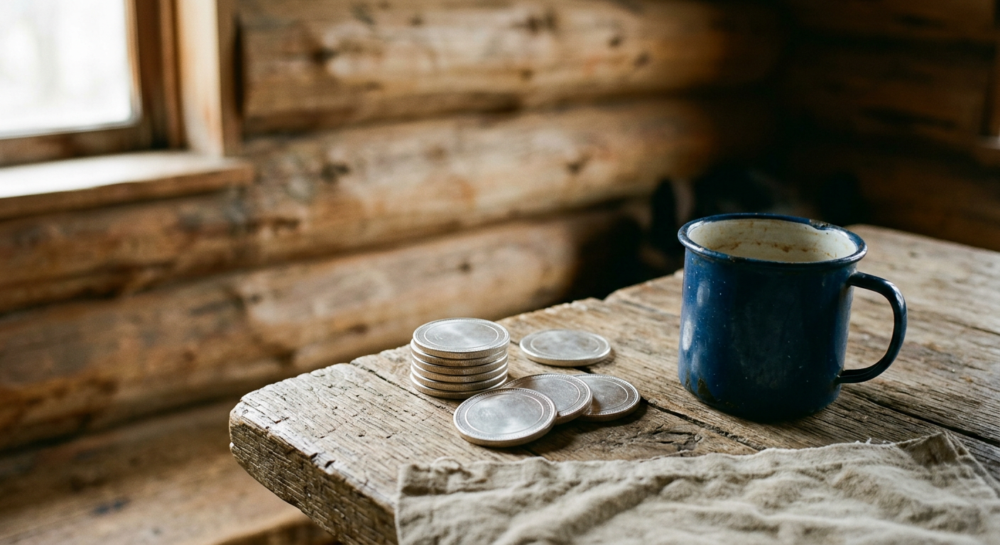 Silver rounds stacked on a weathered wooden table inside a log cabin
