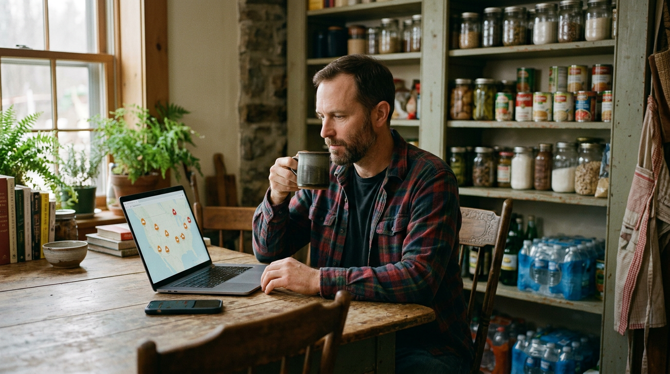 A man drinking coffee at a rustic kitchen table, looking at an alert map on a laptop, with a stocked pantry behind him